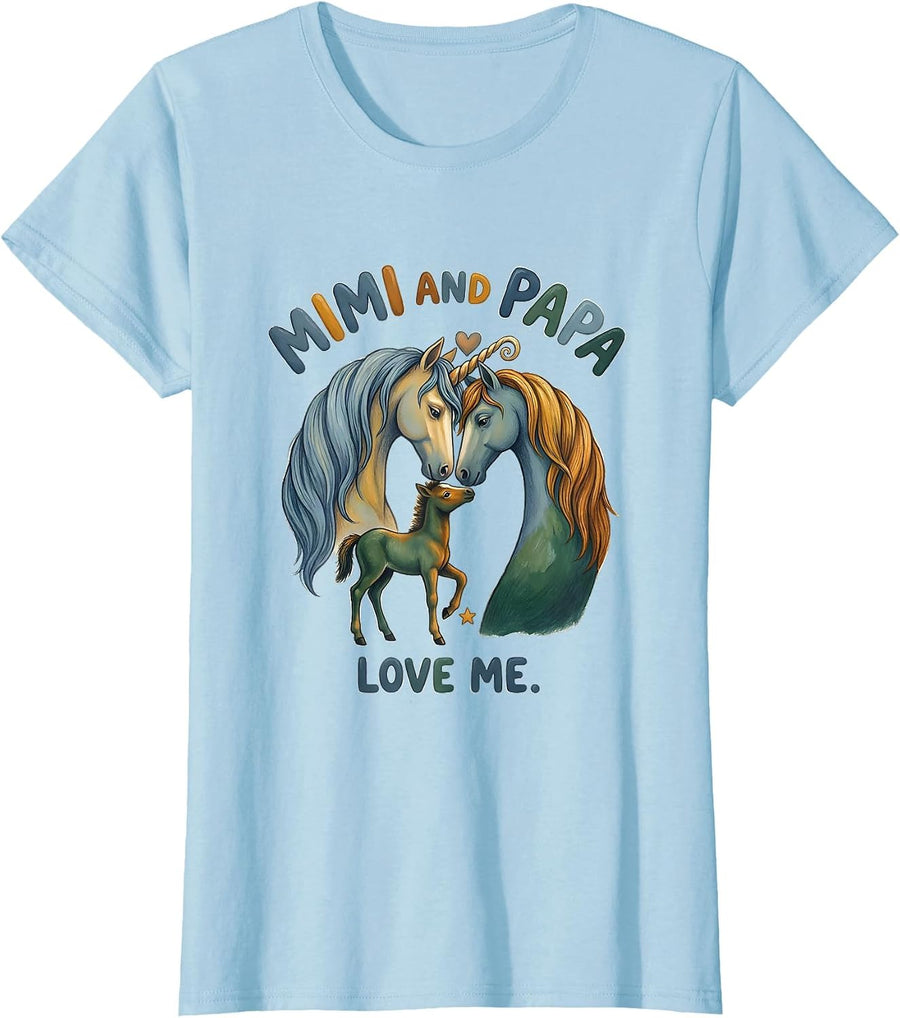 Women's Mimi And Papa Love Me Storybook Unicorn Grandparent Gift T-Shirt - Baby Blue