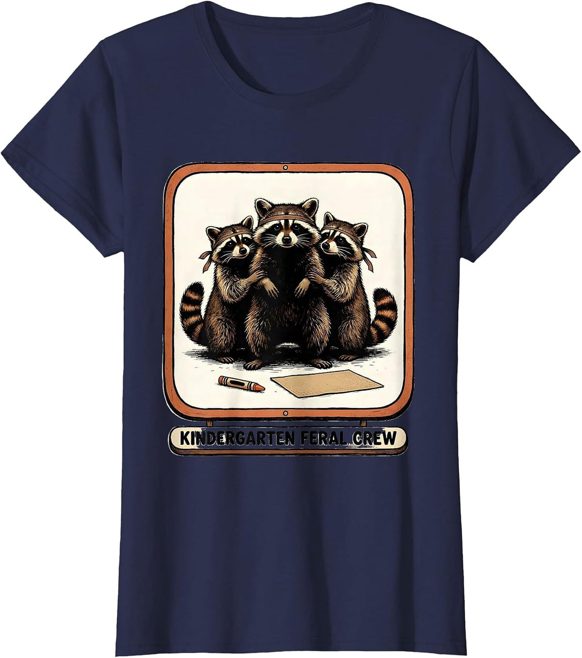 Women's Kindergarten Feral Crew Funny Teacher Back to School Raccoon T-Shirt - Navy Blue