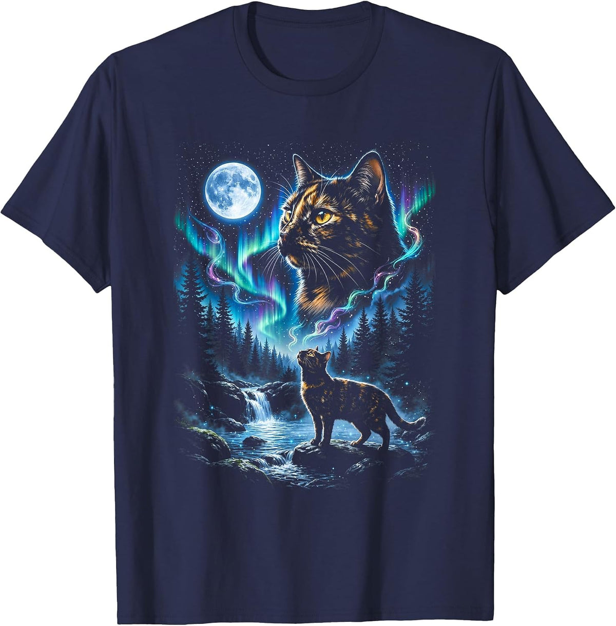 Tortoiseshell Cat Howling At Moon 90s Retro Cat Lover T-Shirt - Navy Blue