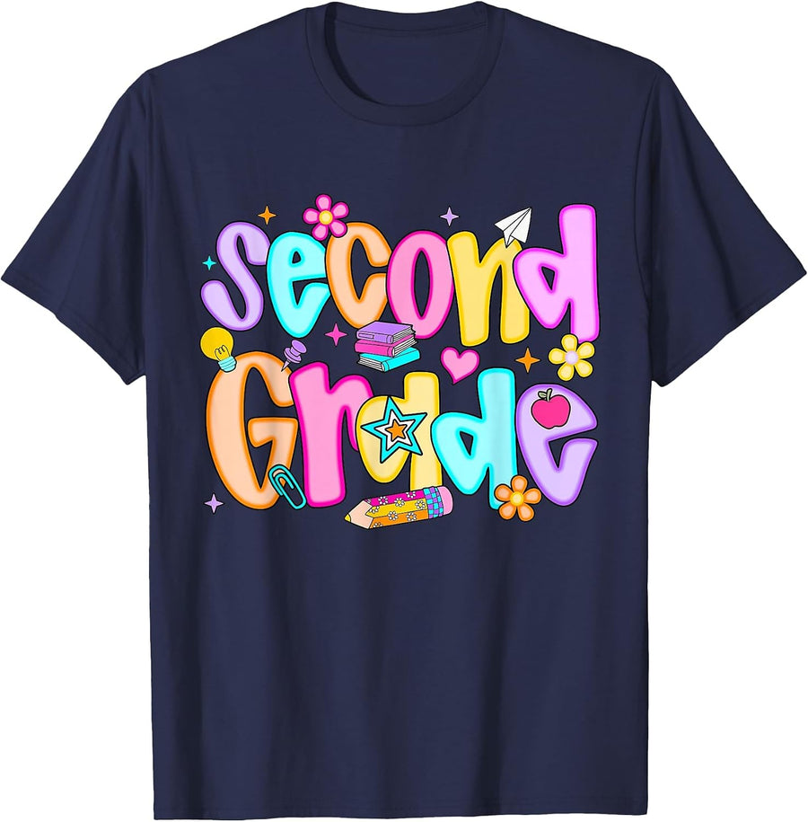 Preppy Second Grade Back to School 2nd Grade Teachers Girls T-Shirt - Navy Blue