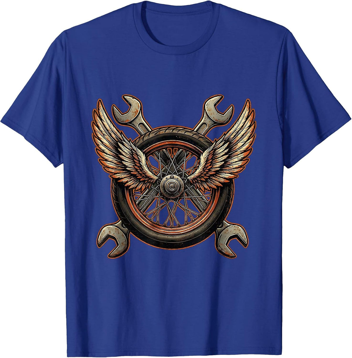 Men's Winged Motorcycle Wheel Crossed Wrenches Biker T-Shirt - Royal Blue