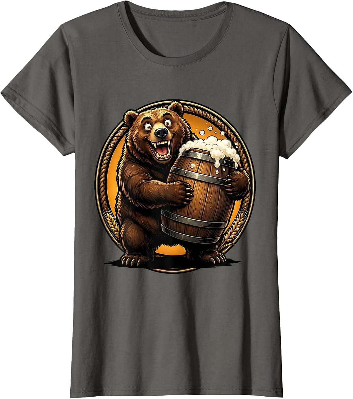 Women's Bear Hugging Giant Ale Barrel Drinking Design T-Shirt - Asphalt Grey