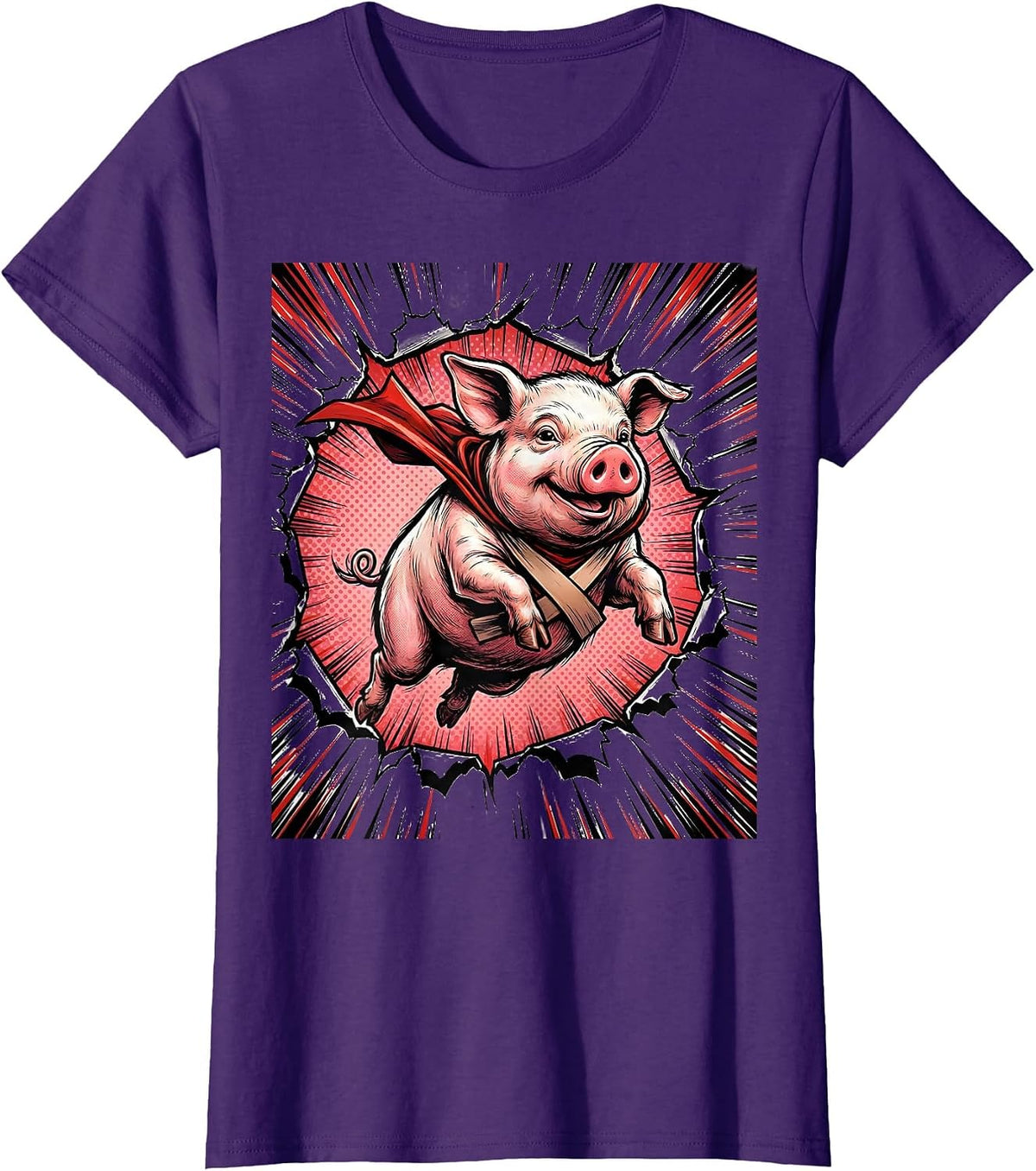 Women's Cheerful Pig Comic Book Animal Lover Novelty Humor T-Shirt - Purple