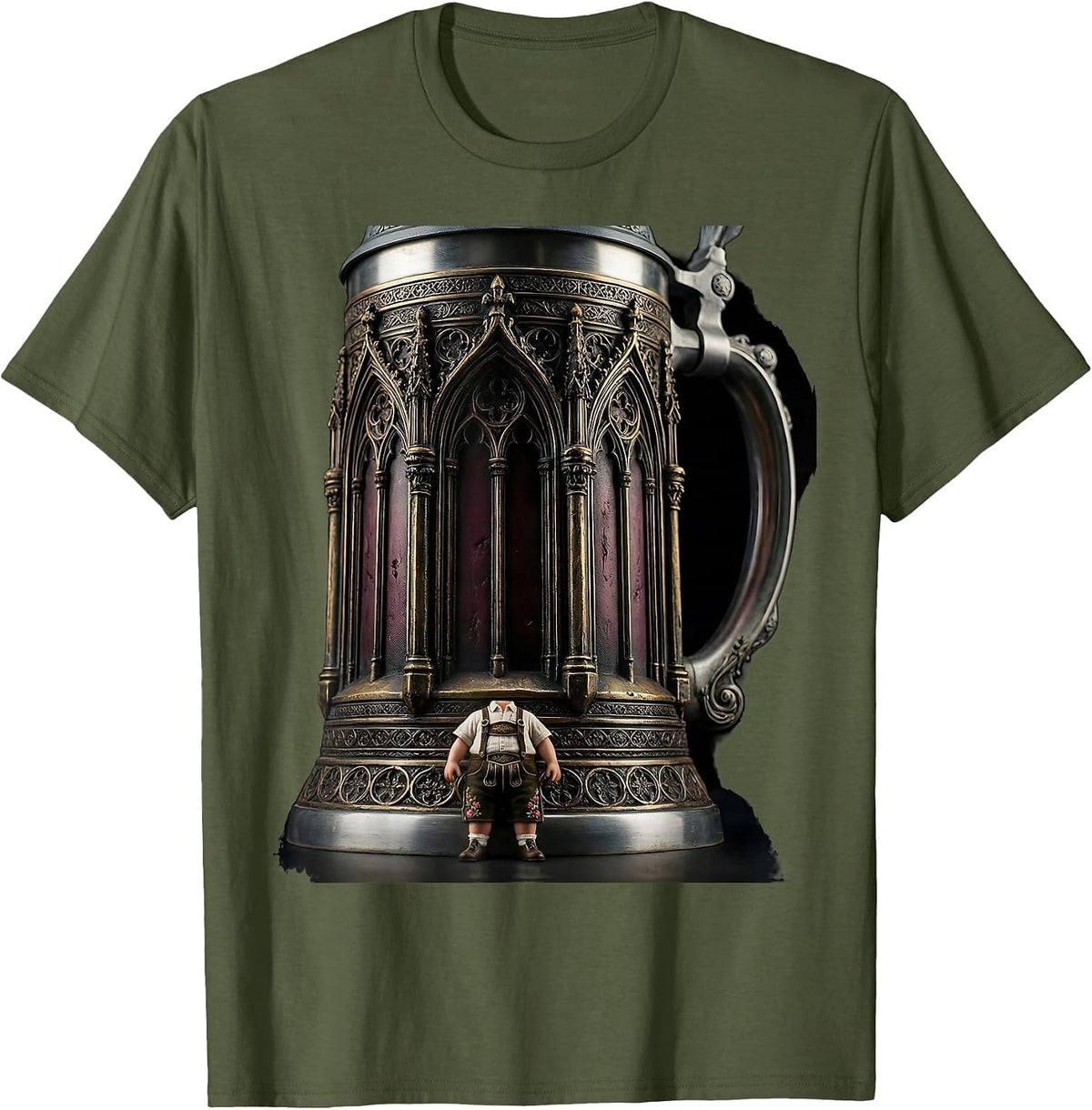 Giant Beer Stein Tiny Lederhosen Oktoberfest Design T-Shirt - Olive Green