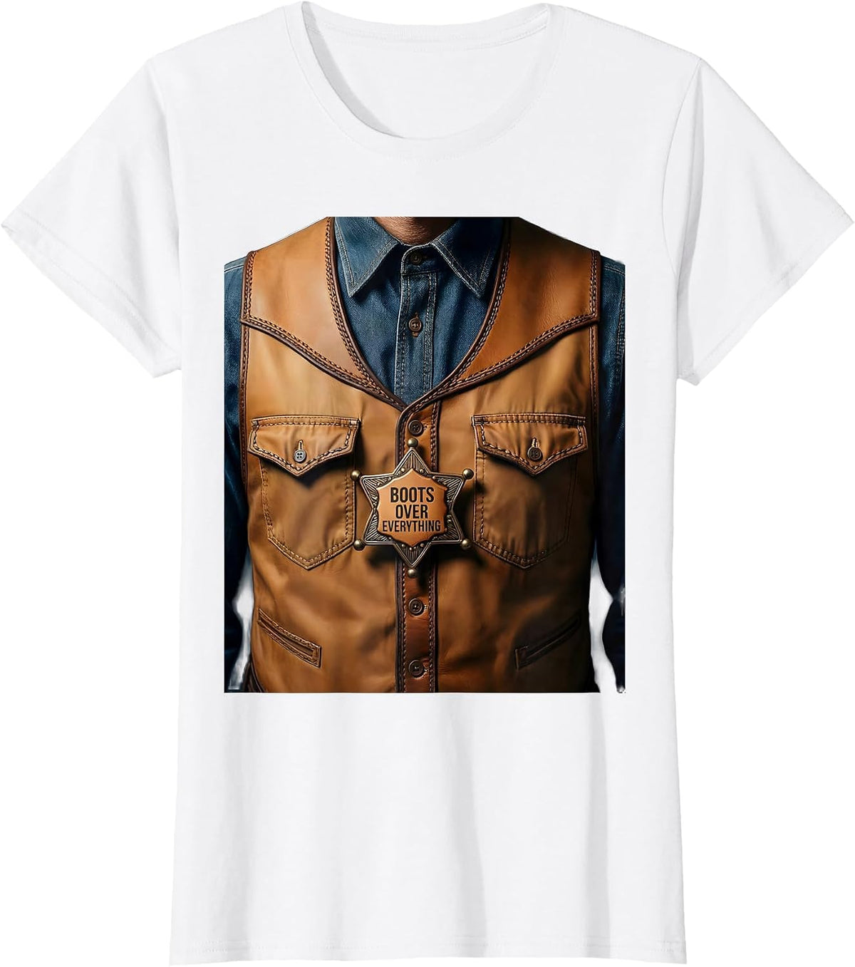 Women's Boots Over Everything Cowboy Graphic Design T-Shirt - White