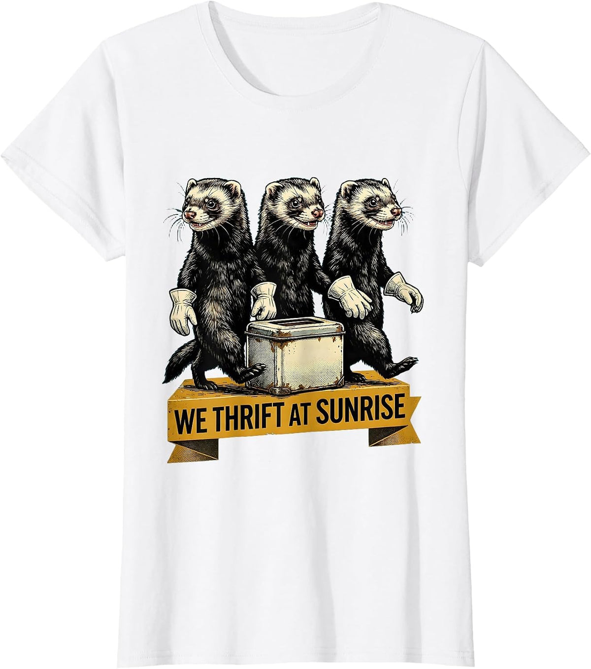 We Thrift At Sunrise Retro Cartoon Ferret Lover Thrifting T-Shirt - White
