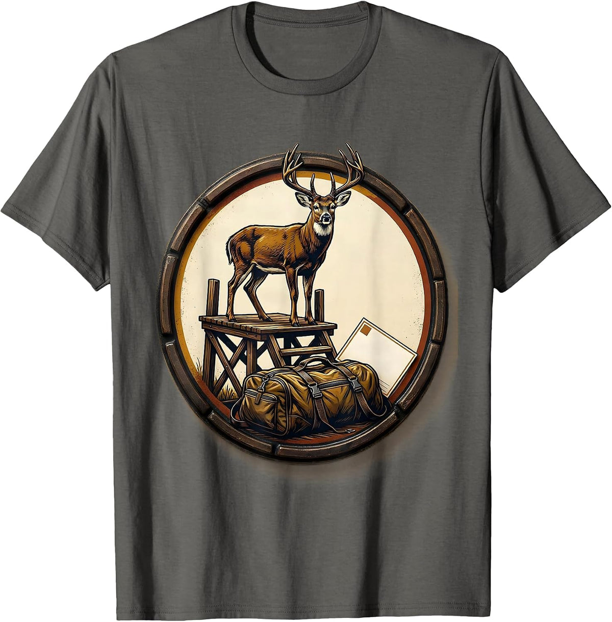 Sealed Buck Camp Badge Wood Type Letterpress Hunting Dad T-Shirt - Asphalt Grey