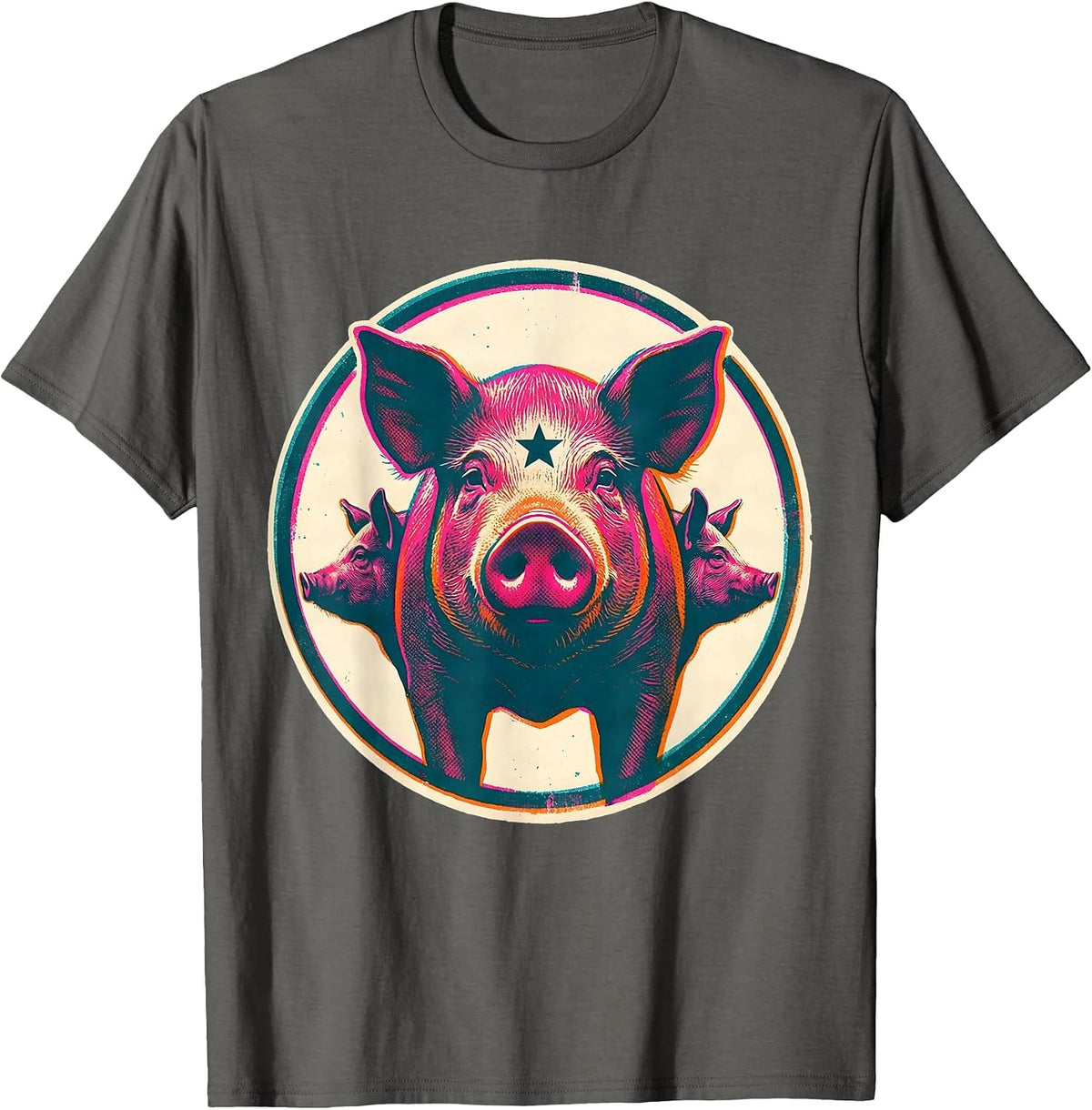 Men's Pig Badge Farm Animal Lover Humor Risograph T-Shirt - Asphalt Grey