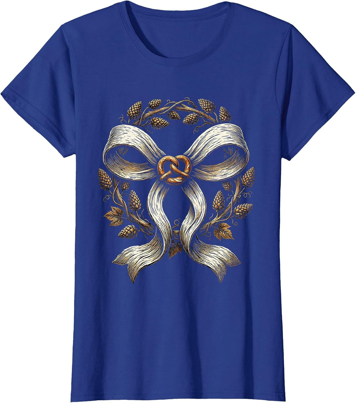 Women's Dirndl Apron Bow Pretzel and Hops Graphic T-Shirt - Royal Blue
