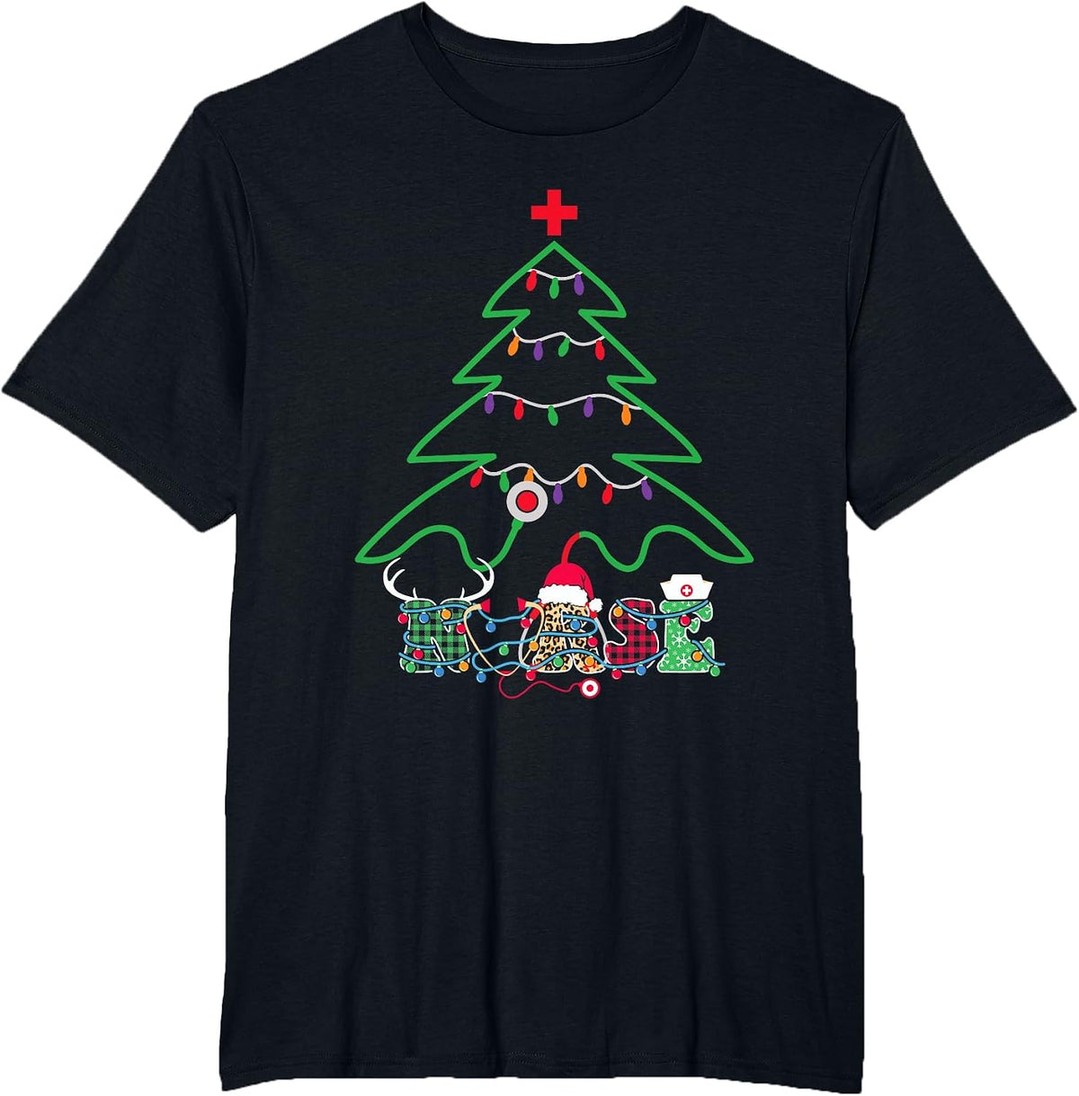 Stethoscope Christmas Tree Nurse Christmas Scrub Top Xmas T-Shirt - Black