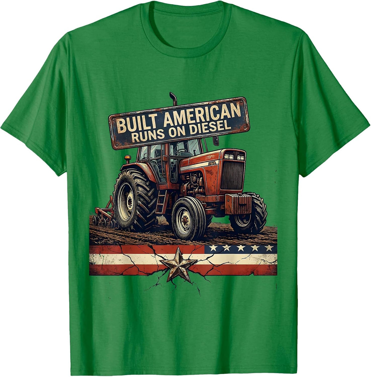 Men's Built American, Runs On Diesel Distressed Farmer Tractor T-Shirt - Kelly Green