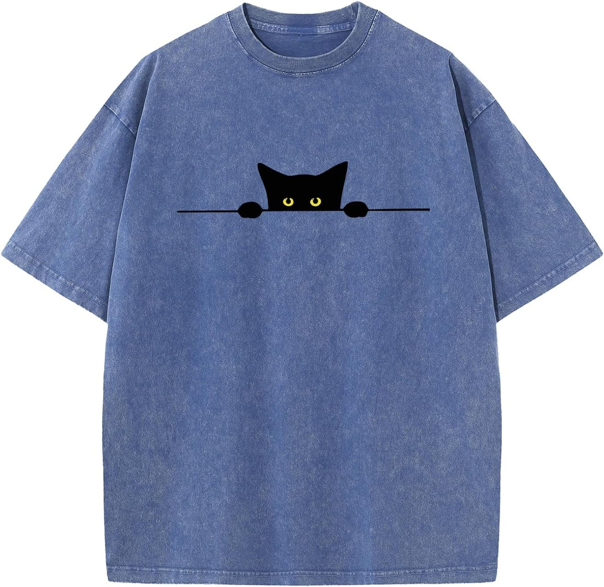 Ultra-Soft Unisex Cotton T-Shirt Playful Black Cat Peeking Graphic Garment Washed Premium Tee with Fashion Fit - Blue