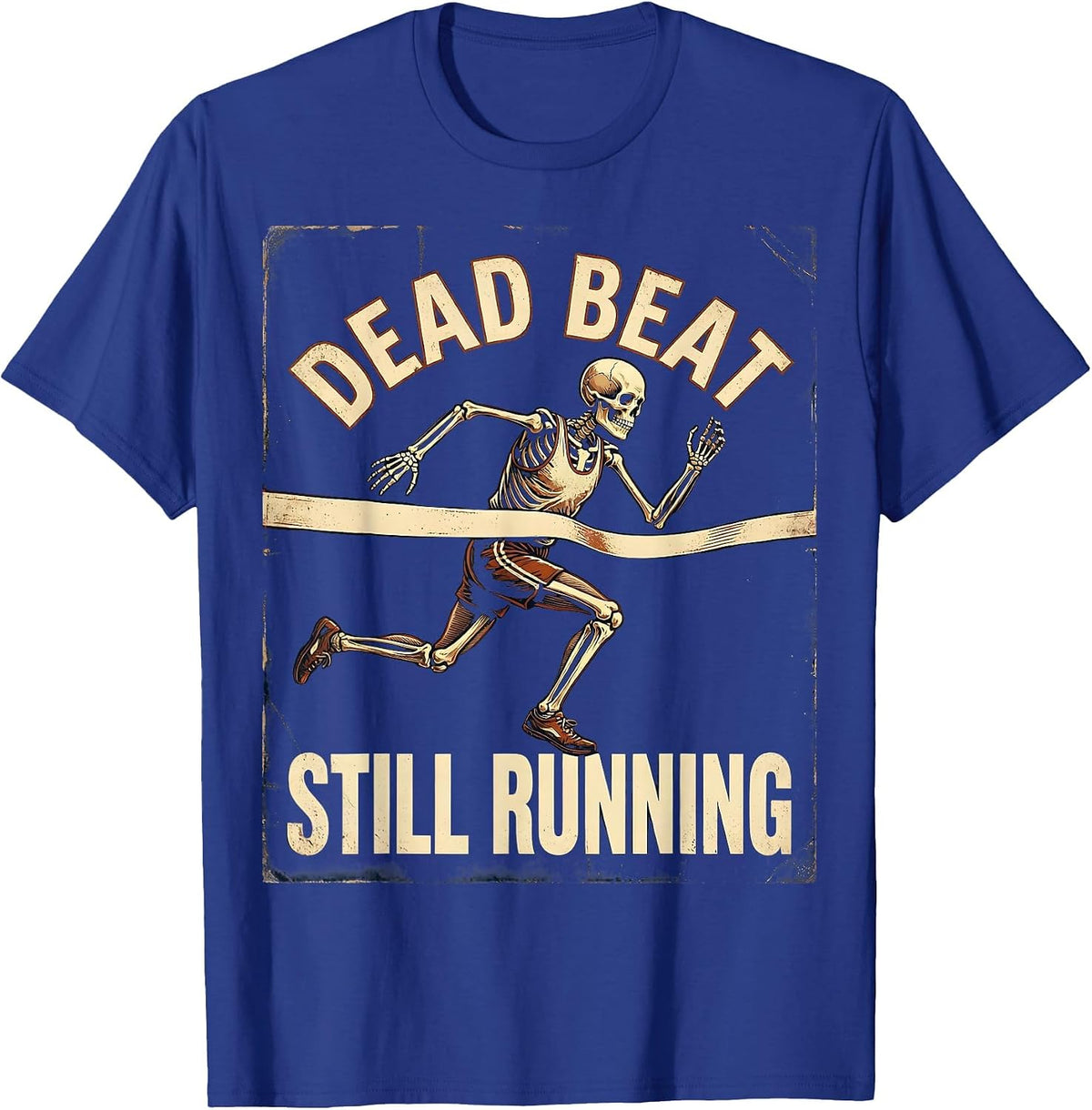 Men's Dead Beat Still Running Vintage Skeleton Halloween Runner T-Shirt - Royal Blue