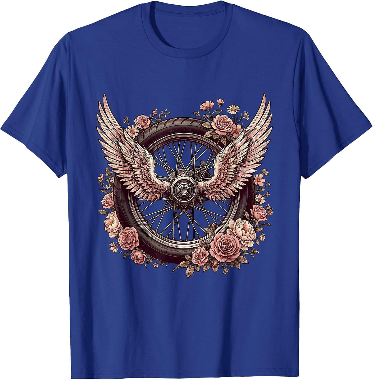 Men's Winged Motorcycle Wheel Floral Biker Design T-Shirt - Royal Blue