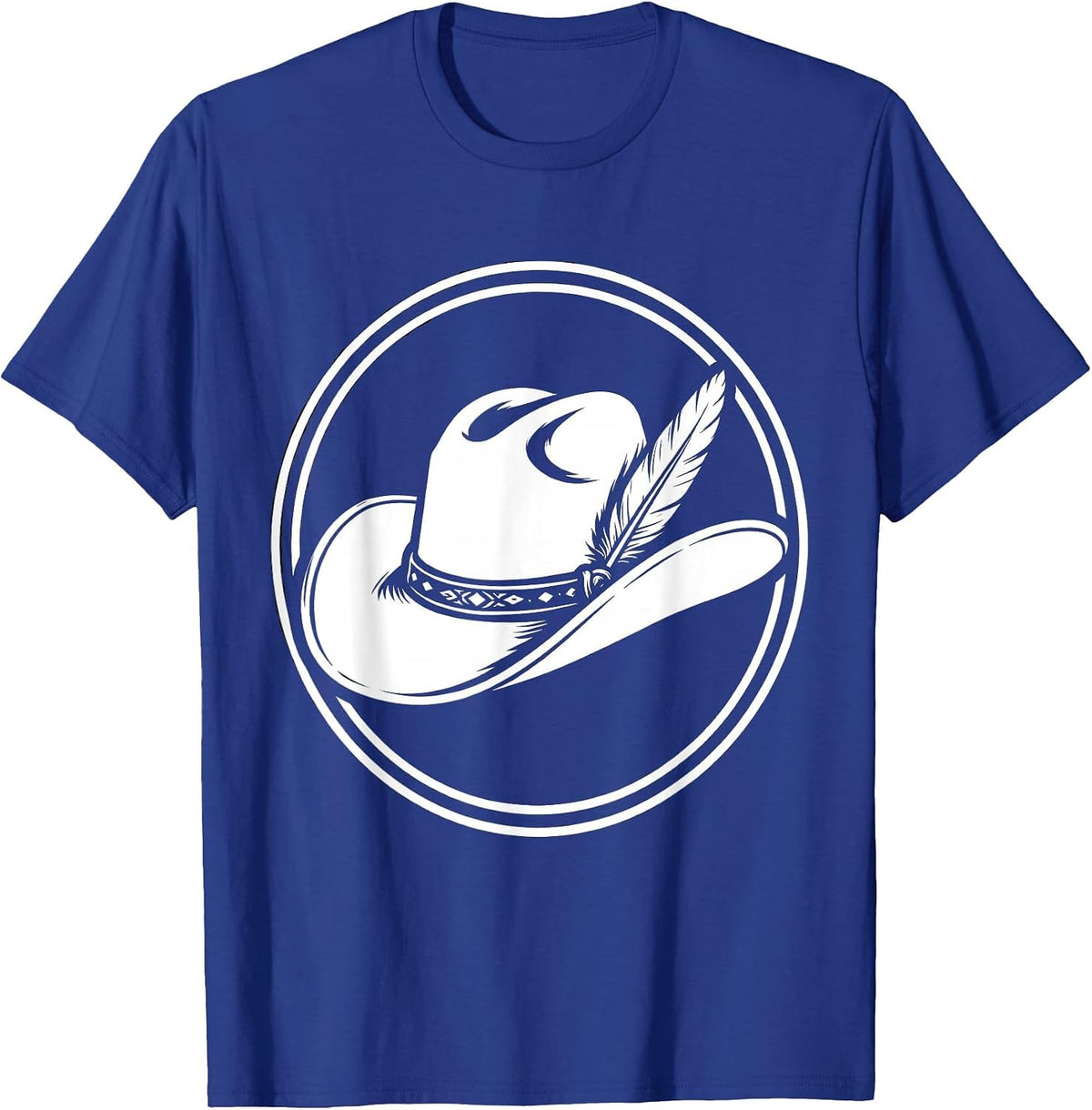 Detailed Cowboy Hat With Feather and Band Graphic T-Shirt - Royal Blue