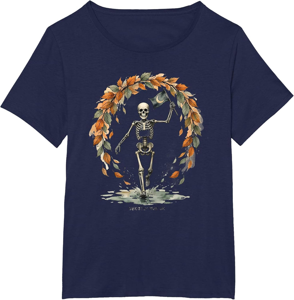 Women's Ghostly Run 5K Watercolor Skeleton Runner Halloween Fun Run T-Shirt - Navy Blue