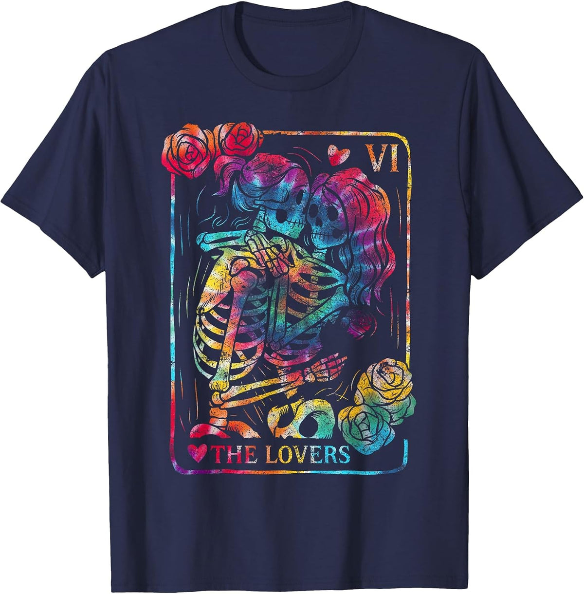 The Lovers Tarot Card Gothic Occult Kissing Skeleton Roses T-Shirt - Navy Blue