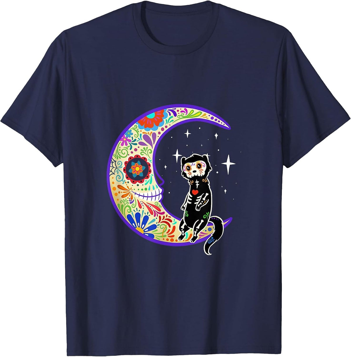Ferret Dia de Los Muertos Skeleton Sugar Skull T-Shirt - Navy Blue
