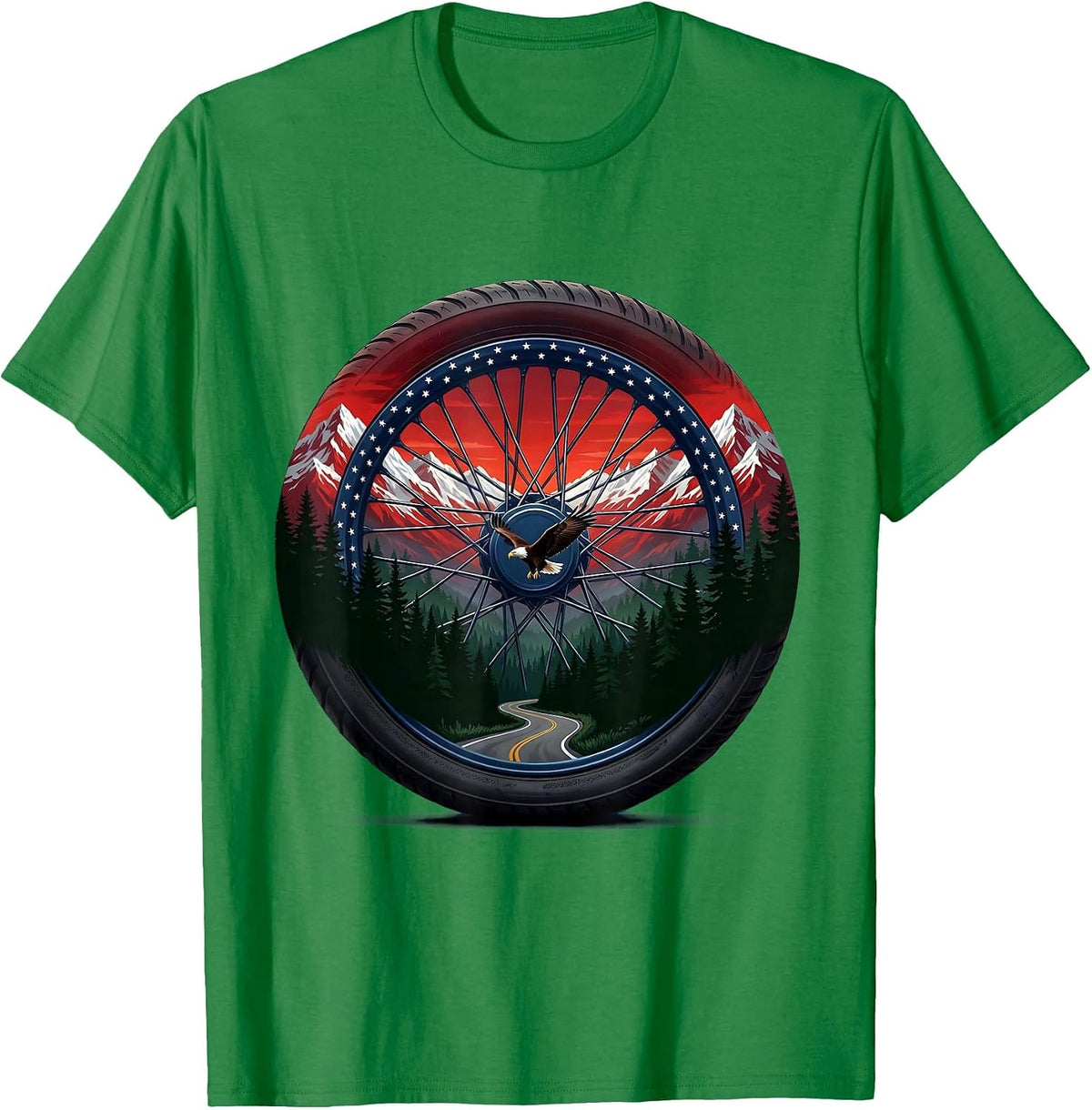 Men's American Flag Motorcycle Wheel Spinning Road T-Shirt - Kelly Green