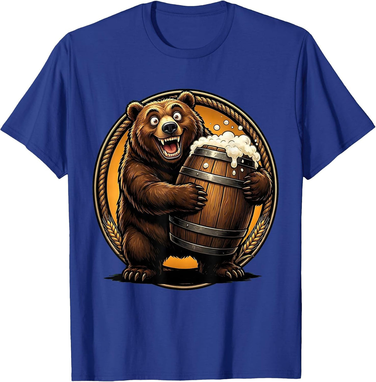 Men's Bear Hugging Giant Ale Barrel Drinking Design T-Shirt - Royal Blue