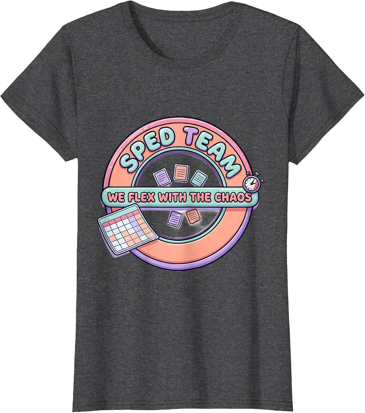 Women's SPED Team We Flex With The Chaos Cute Kawaii Teacher Humor T-Shirt - Dark Heather Grey