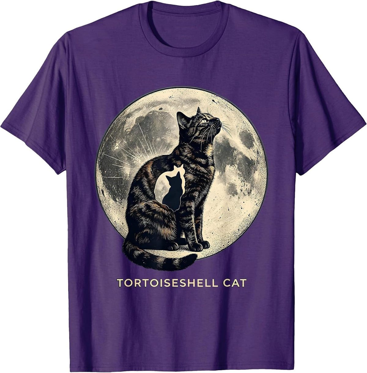 Tortoiseshell Cat Howling at Moon 90's Retro Fantasy T-Shirt - Purple