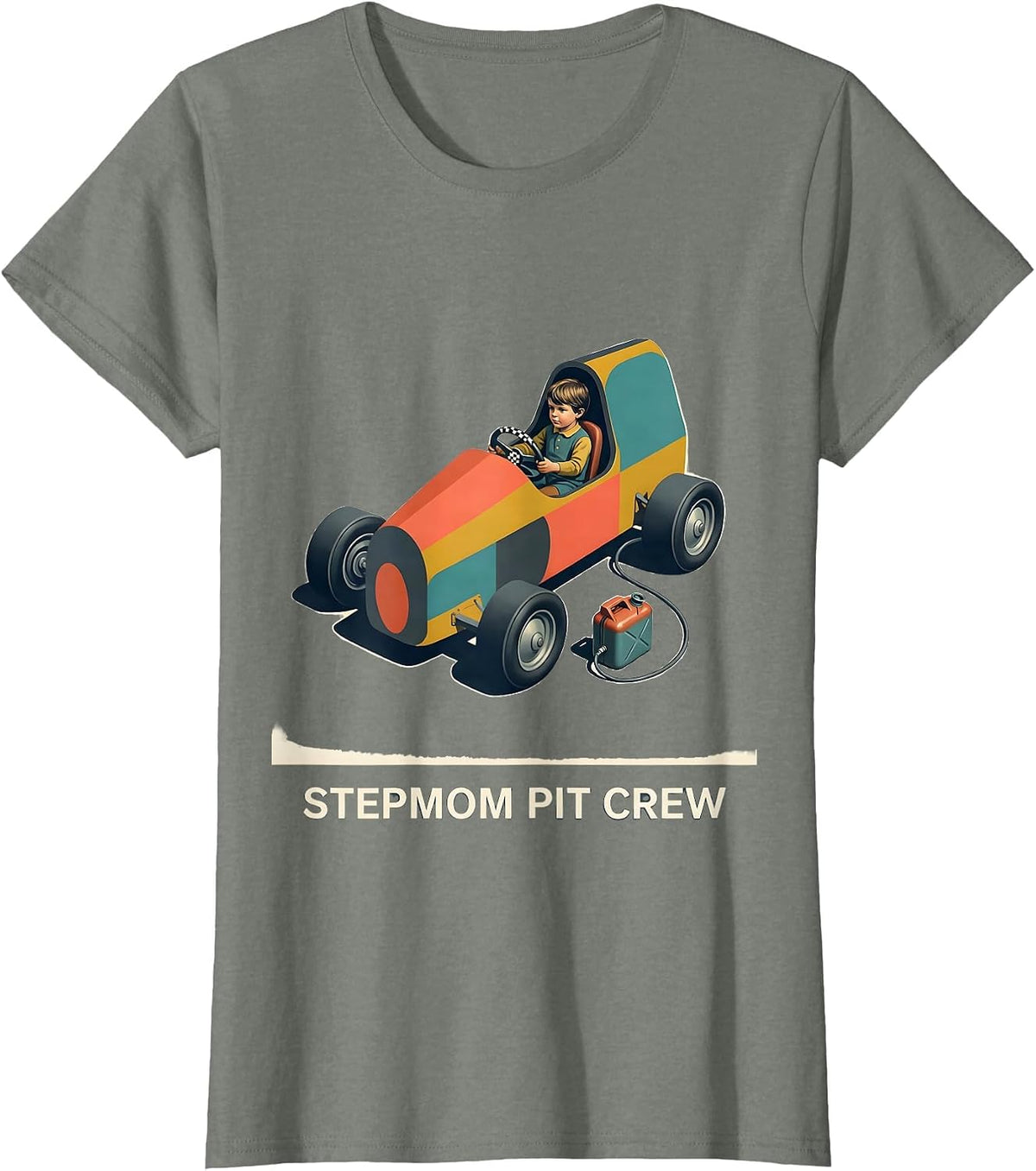 Women's Stepmom Pit Crew Midcentury Modern Race Car Birthday Party T-Shirt - Olive Heather