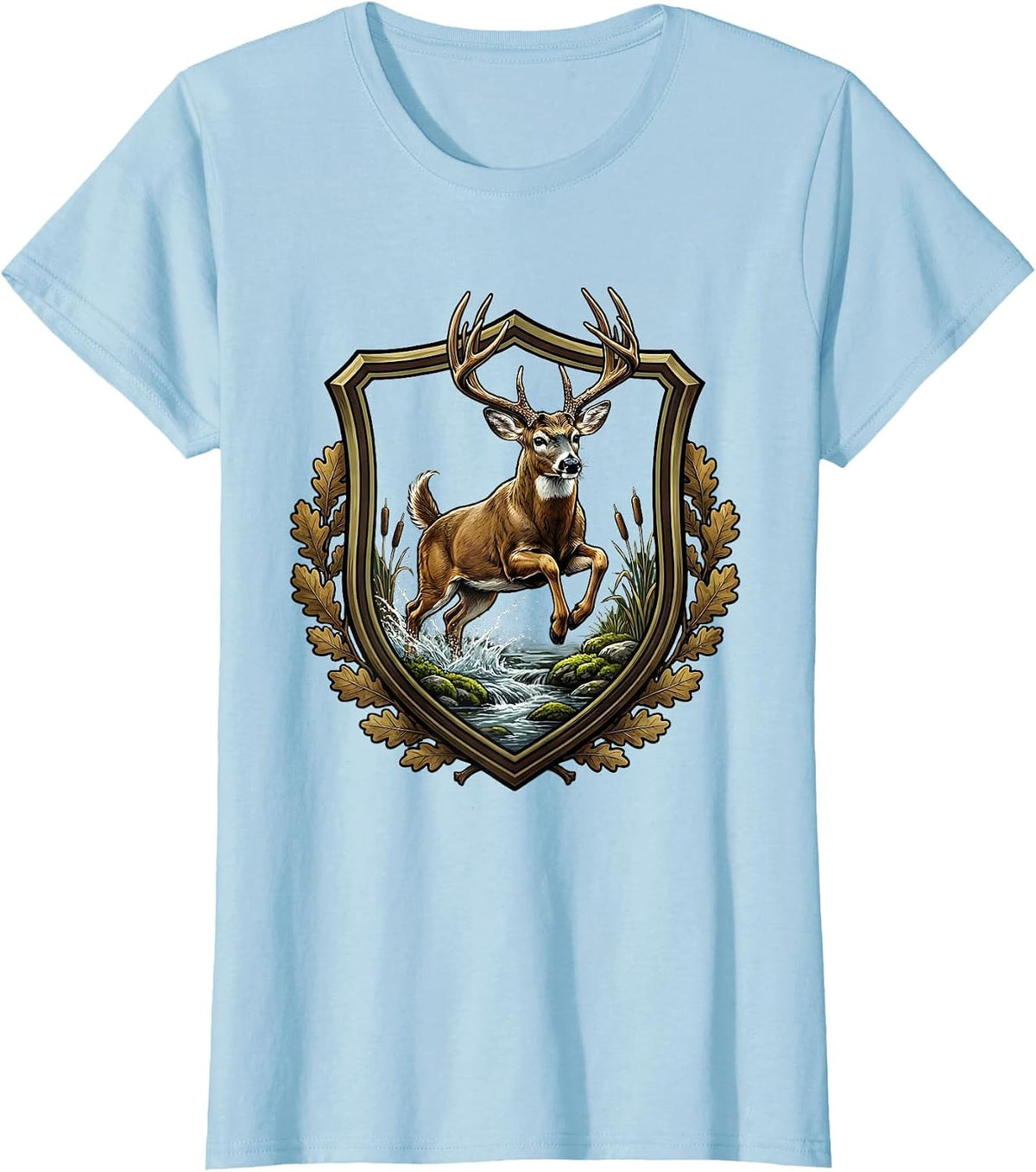 Women's Whitetail Buck Leaping Over Mossy Creek Camo T-Shirt - Baby Blue