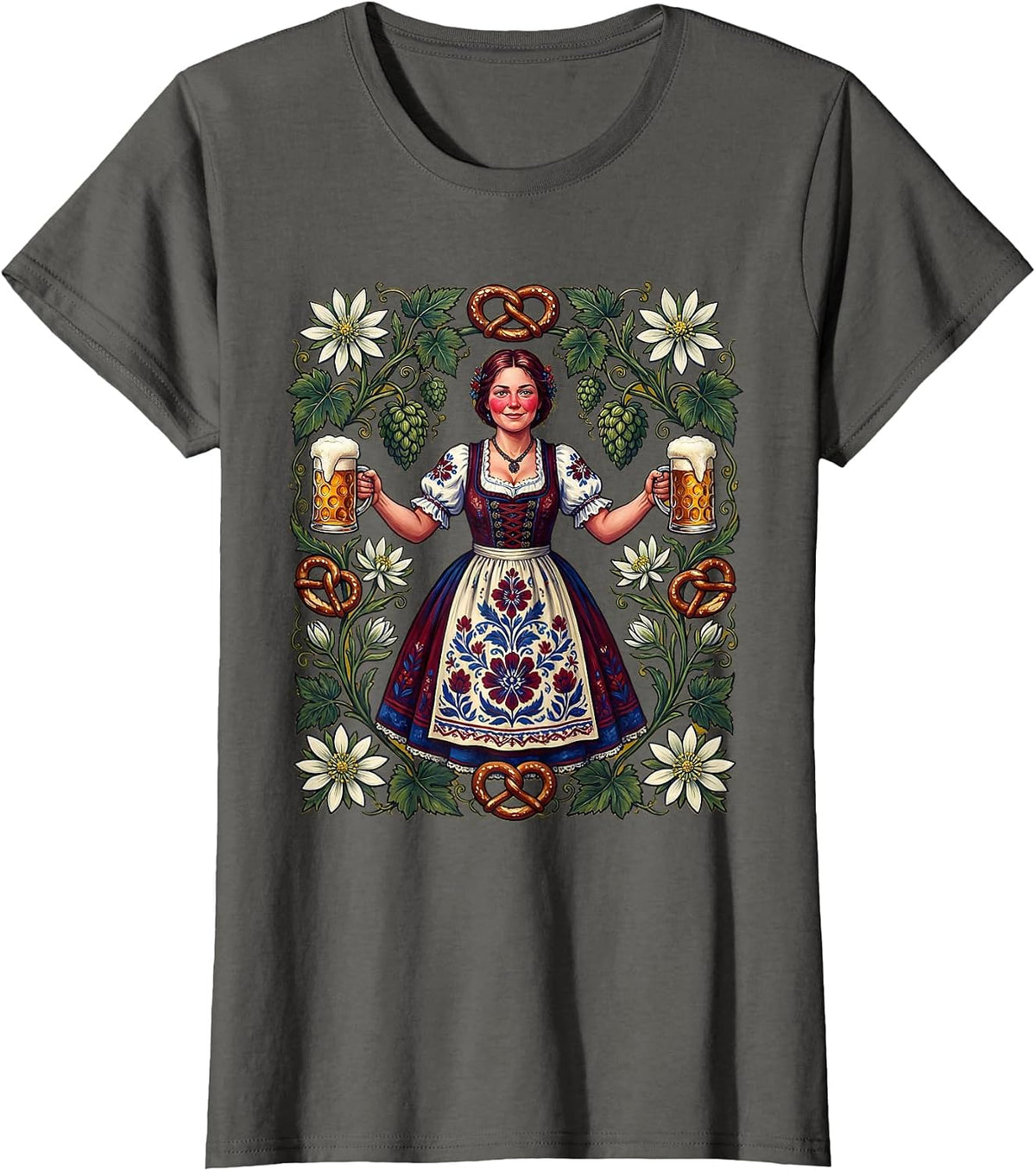 Women's Bavarian Beer Maiden Oktoberfest Illustration T-Shirt - Asphalt Grey