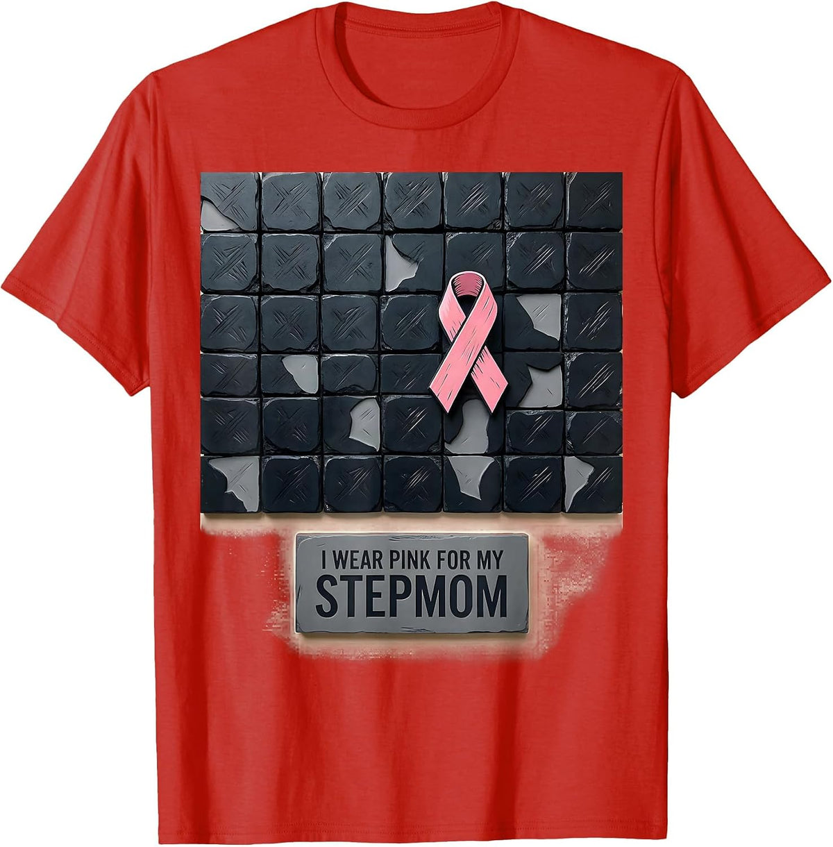 Men's I Wear Pink For My Stepmom Linocut Breast Cancer Awareness T-Shirt - Red