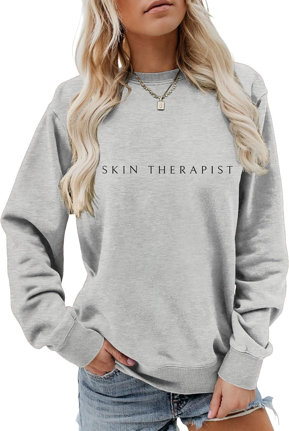 Skin Therapist Sweatshirt For Women Crewneck Esthetician Pullover Sweater Long Sleeve Skin Therapist Shirts - Grey