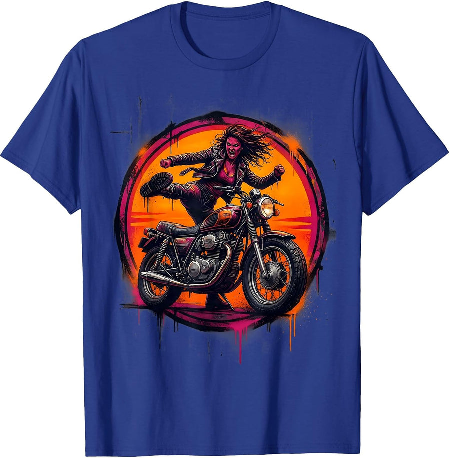 Vintage Motorcycle Kick-Start Dusk Biker Graphic T-Shirt - Royal Blue
