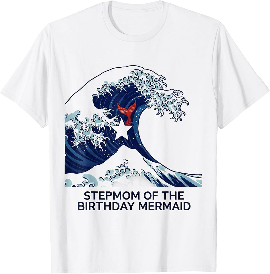 Men's Stepmom Of The Birthday Mermaid Ukiyo-e Vintage Pinup Family T-Shirt - White