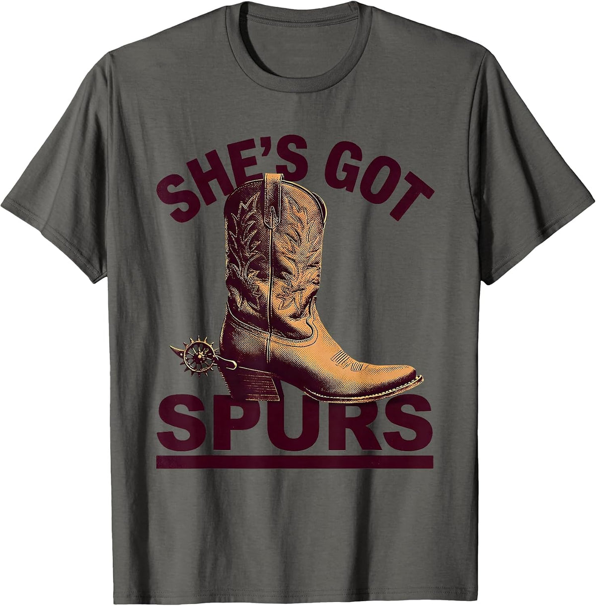 She's Got Spurs Girls Western Cowgirl Design T-Shirt - Asphalt Grey