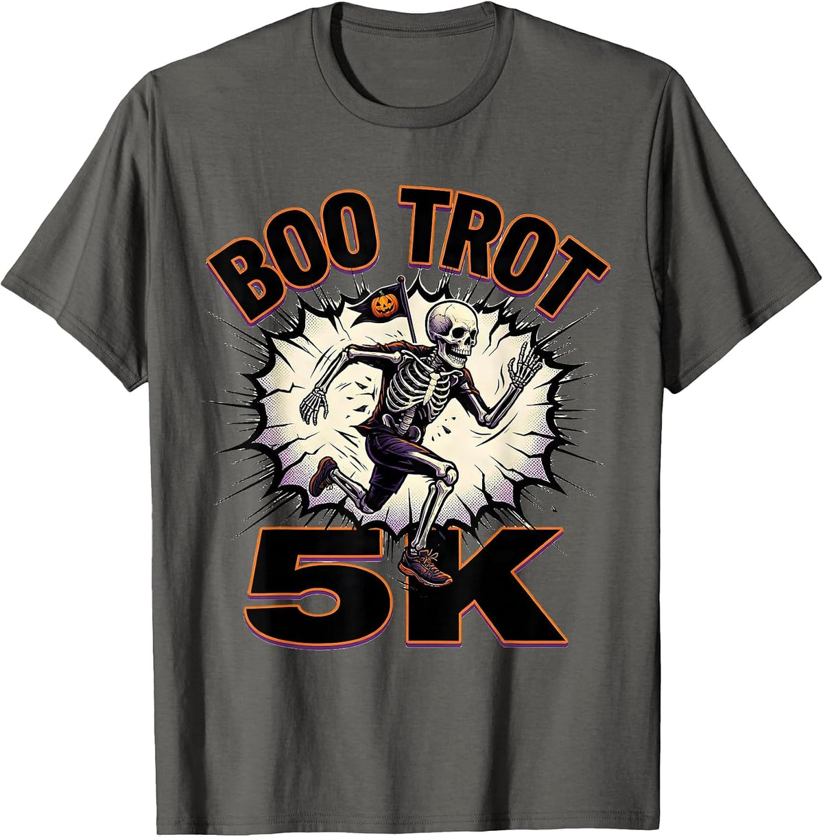 Men's Boo Trot 5K Comic Book Skeleton Runner Halloween Fun Run T-Shirt - Asphalt Grey