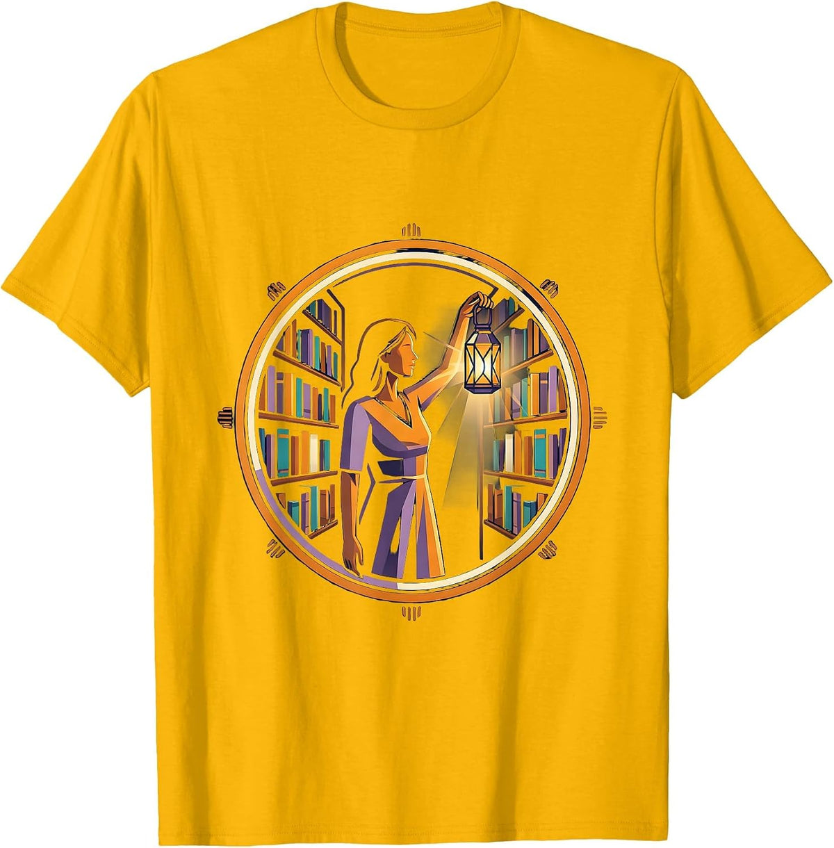 Teacher Librarian Lantern Dark Library Illustration T-Shirt - Golden Yellow