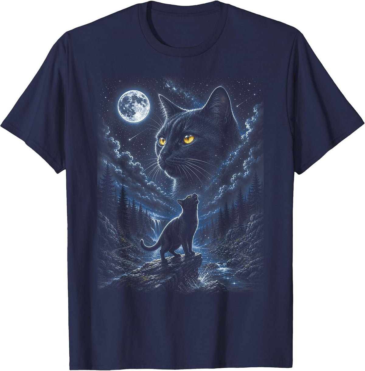 Black Cat Howling at Moon 90's Retro Nature Forest Cat Lover T-Shirt - Navy Blue