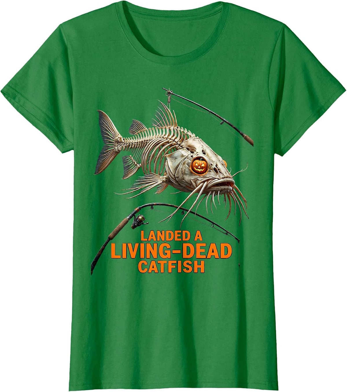 Landed A Living-Dead Catfish Skeleton Halloween Fishing T-Shirt - Kelly Green