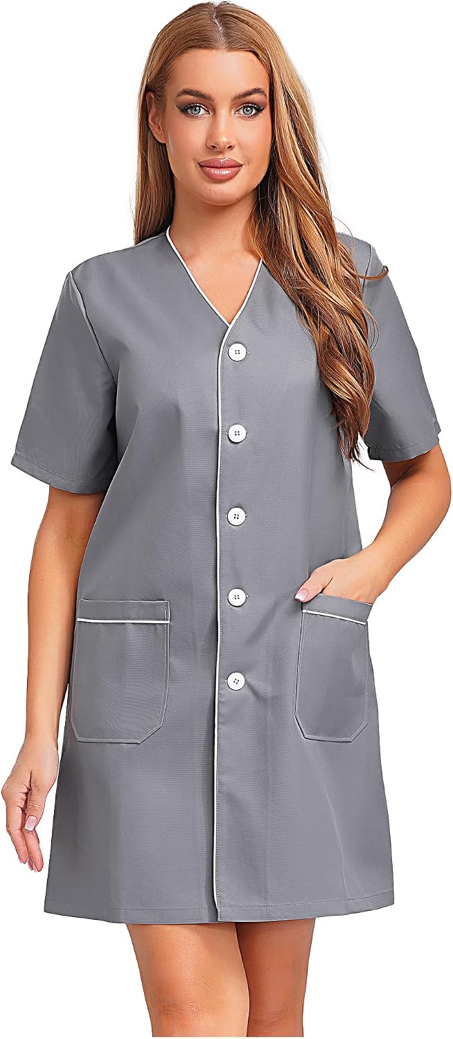 Jhaoyu Women's Salon Uniform Dress V-neck Short Sleeve Work Coat with Pockets for Estheticians Lash Techs - Gray