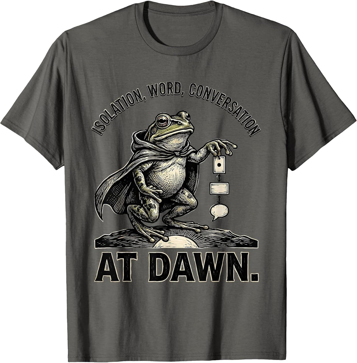 Men's Isolation Word Conversation At Dawn Funny Frog Teacher T-Shirt - Asphalt Grey