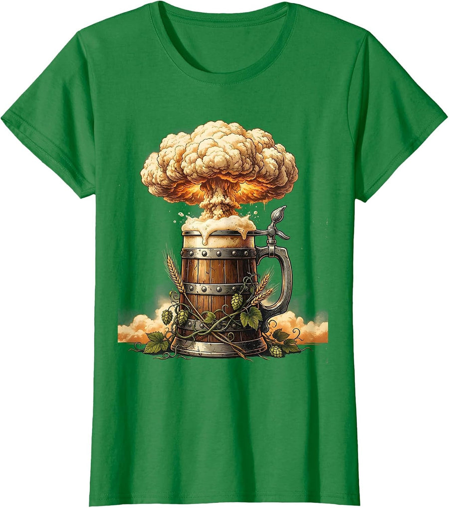 Women's Oktoberfest Beer Foam Mushroom Cloud Graphic T-Shirt - Kelly Green