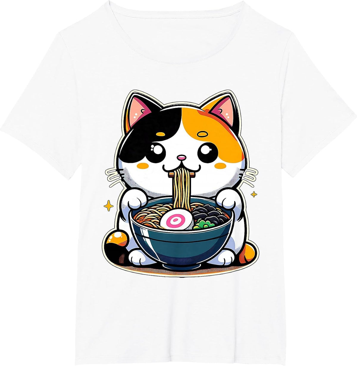 Kawaii Anime Calico Cat Ramen T-Shirt - White
