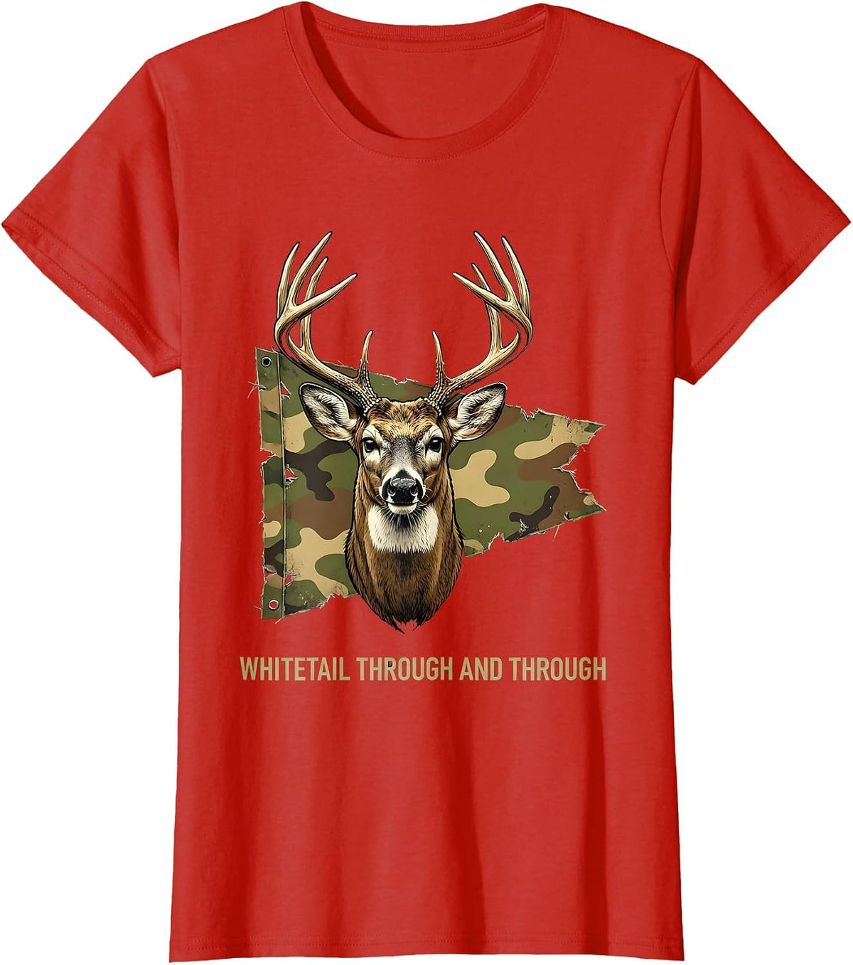 Whitetail Through And Through Distressed Camo Deer Hunter T-Shirt - Red