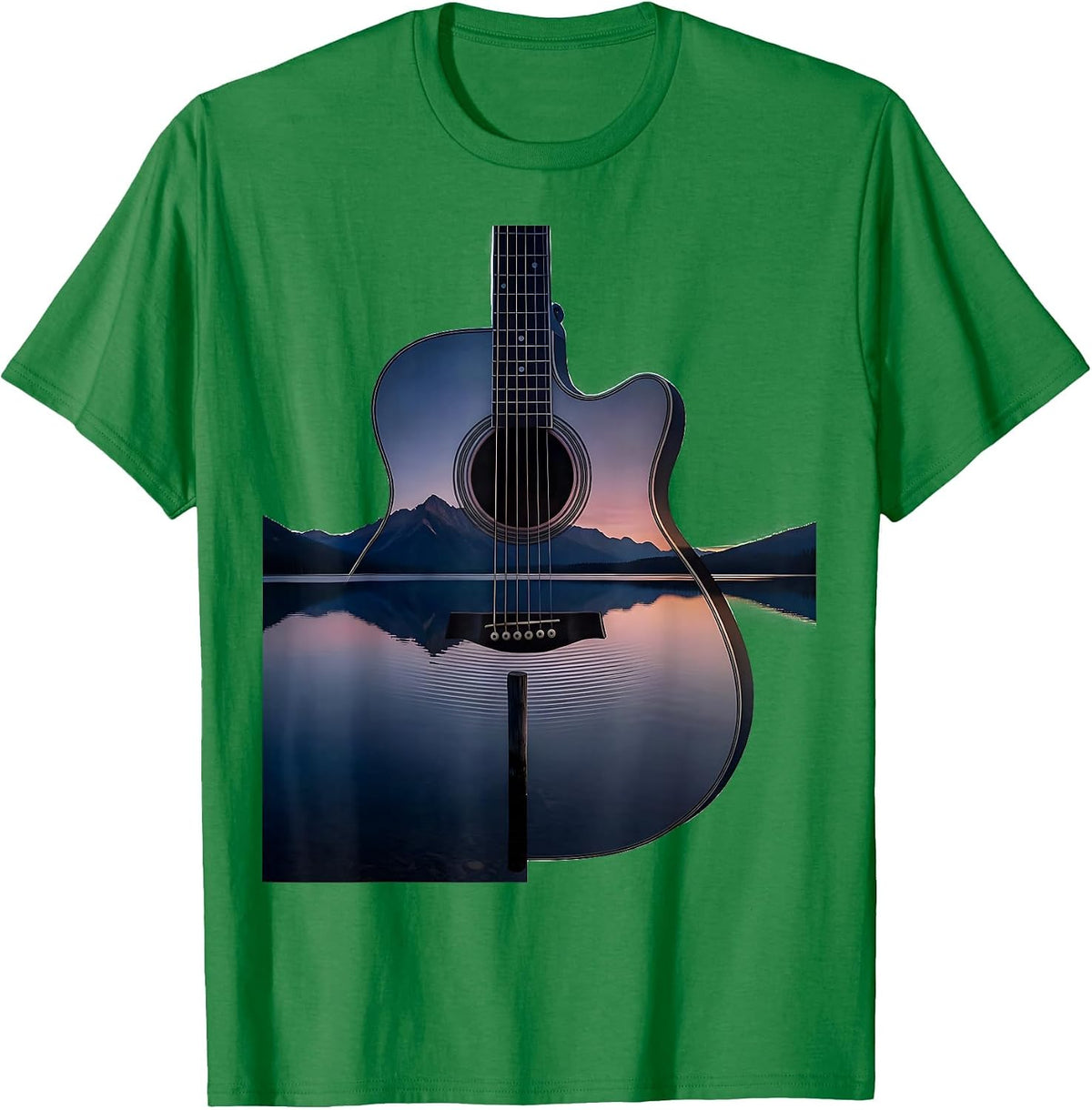 Men's Acoustic Guitar Lake Silhouette Vintage Guitarist Humor T-Shirt - Kelly Green