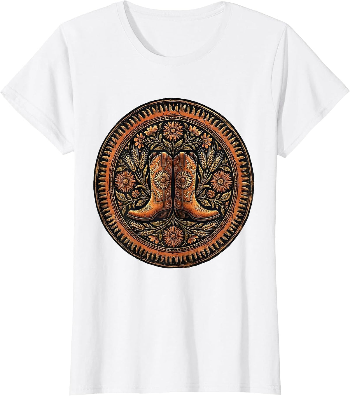 Women's Cowboy Boots with Spurs on Worn Wood Design T-Shirt - White