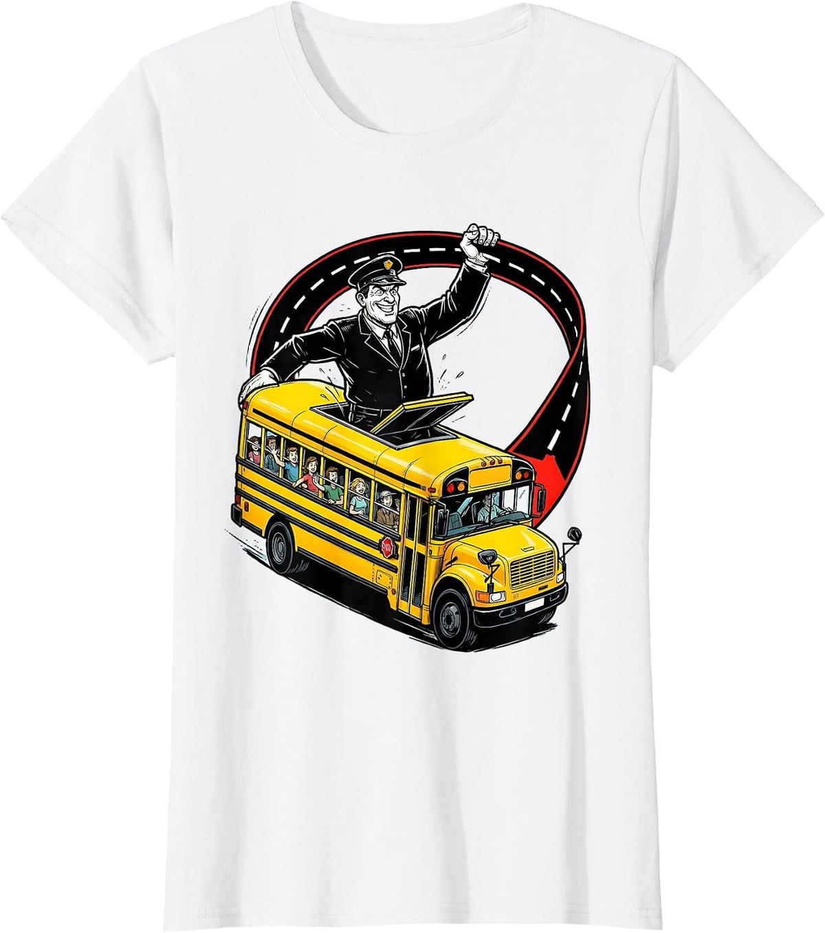 Oversized Cartoon Bus Driver Novelty School Bus Lover T-Shirt - White