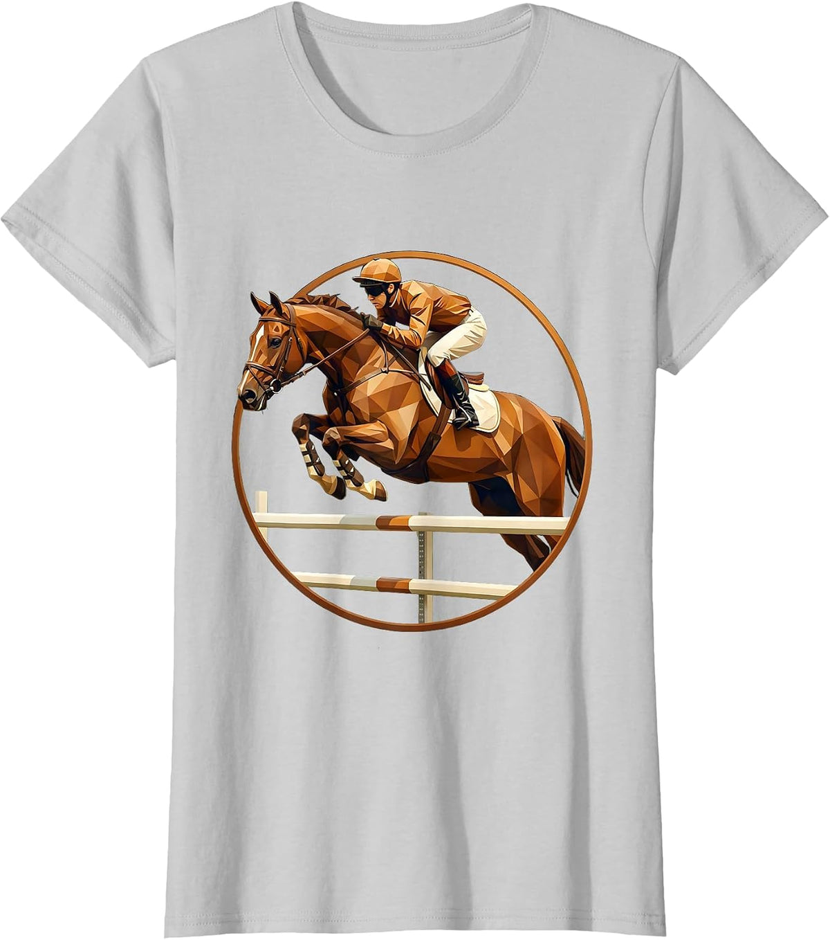 Jockey and Horse Mid-Jump Over Fence Graphic T-Shirt - Silver Grey