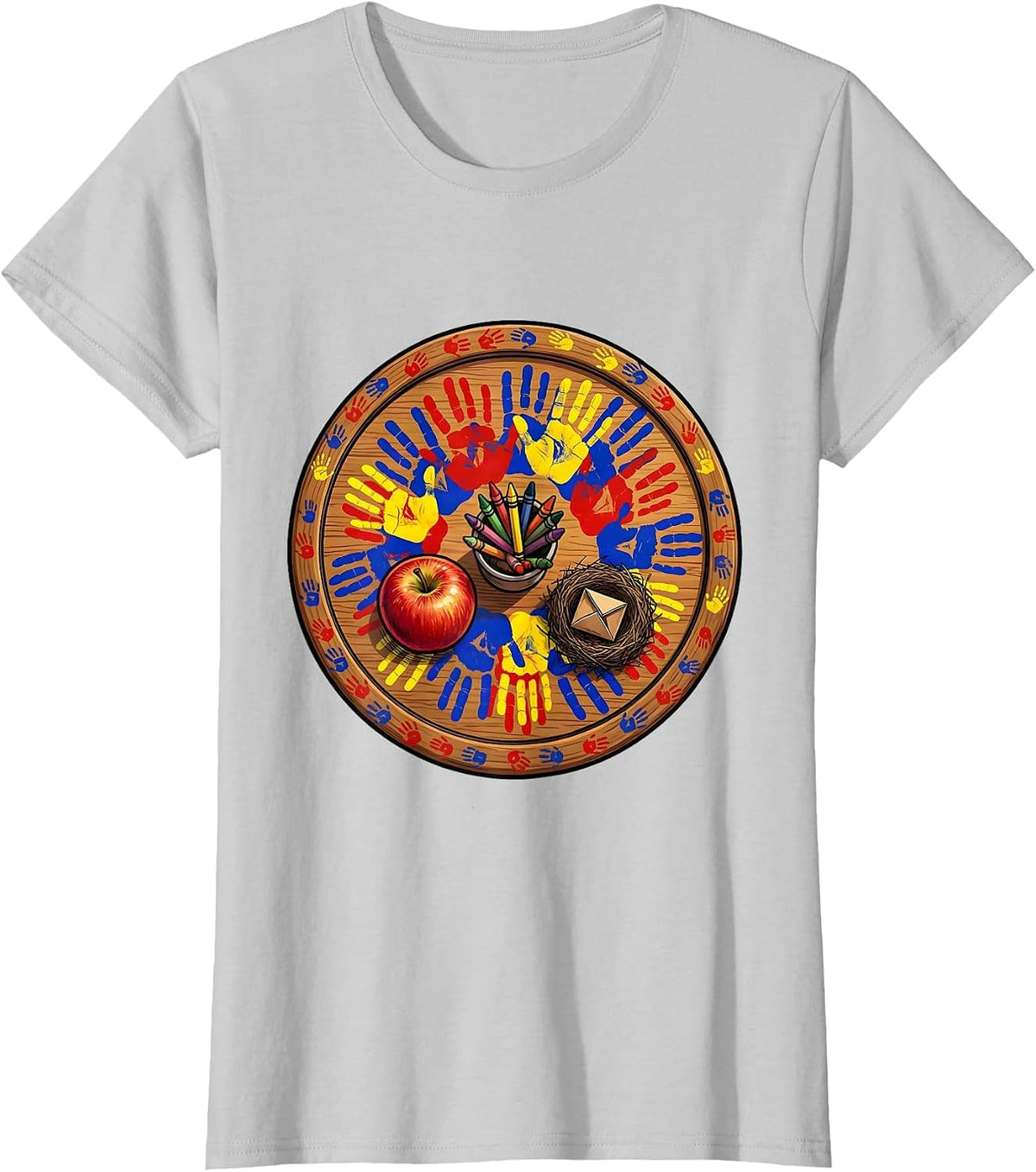 Women's 2nd Grade Teacher Handprint Art Desk Design T-Shirt - Silver Grey