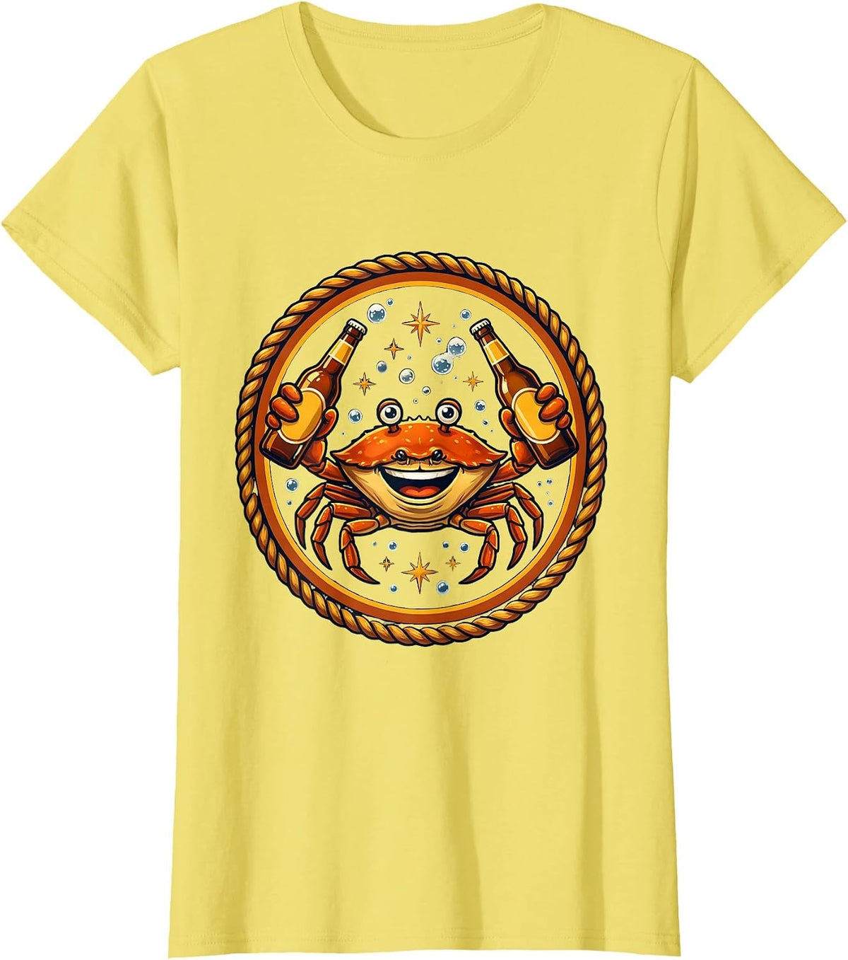 Women's Happy Hour Crab Holding a Cold Beer Illustration T-Shirt - Lemon Yellow