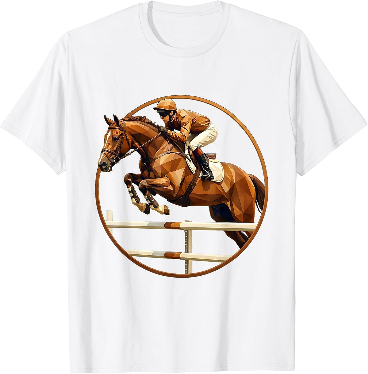 Jockey and Horse Mid-Jump Over Fence Graphic T-Shirt - White